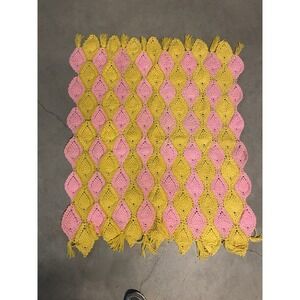 Vintage Pink & Yellow Crochet‎ Afghan Blanket 48"x40" Diamond Tassel Retro